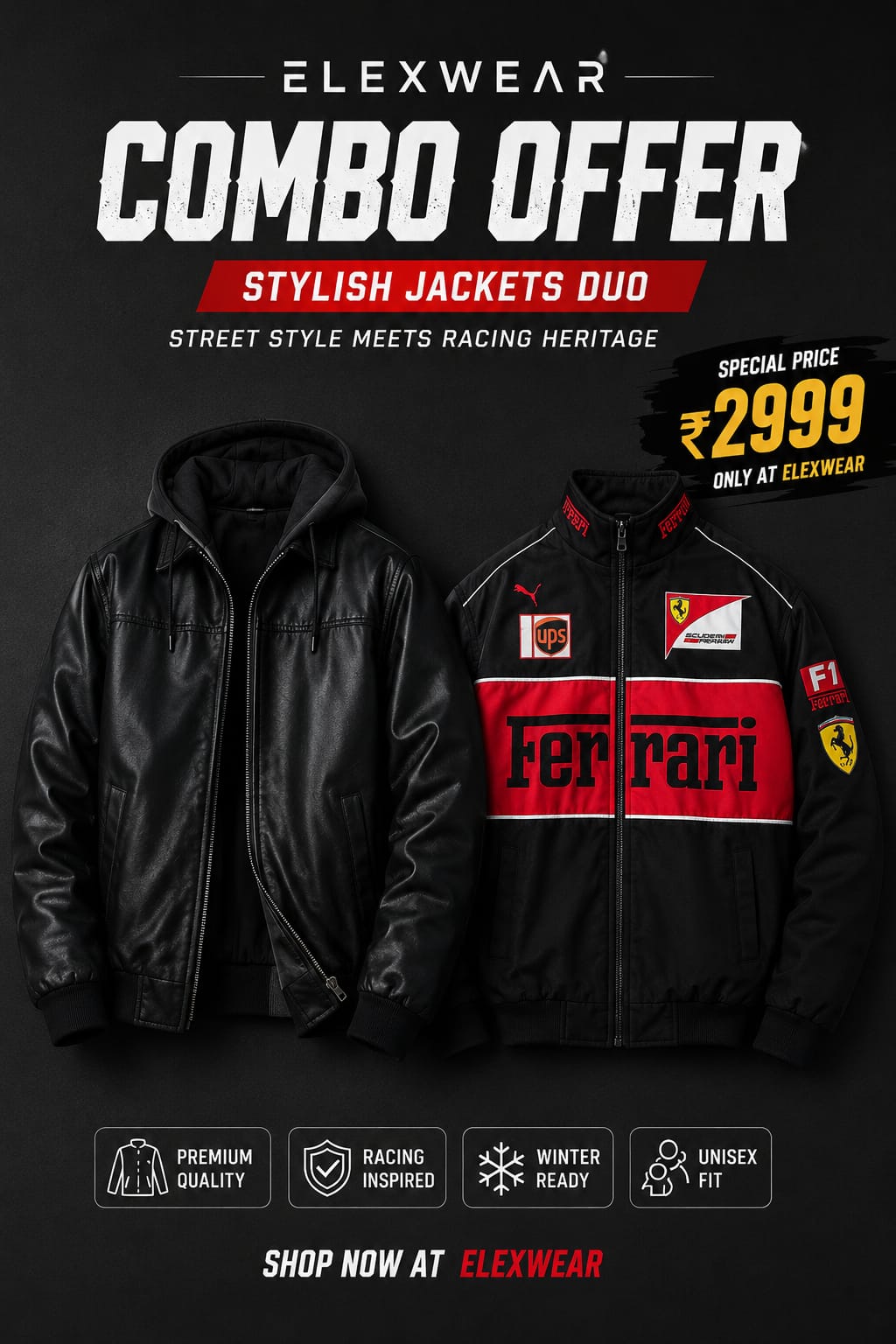 Elexwear Premium Combo – Black Hooded Leather Jacket & Black Ferrari Racing Jacket combo offer