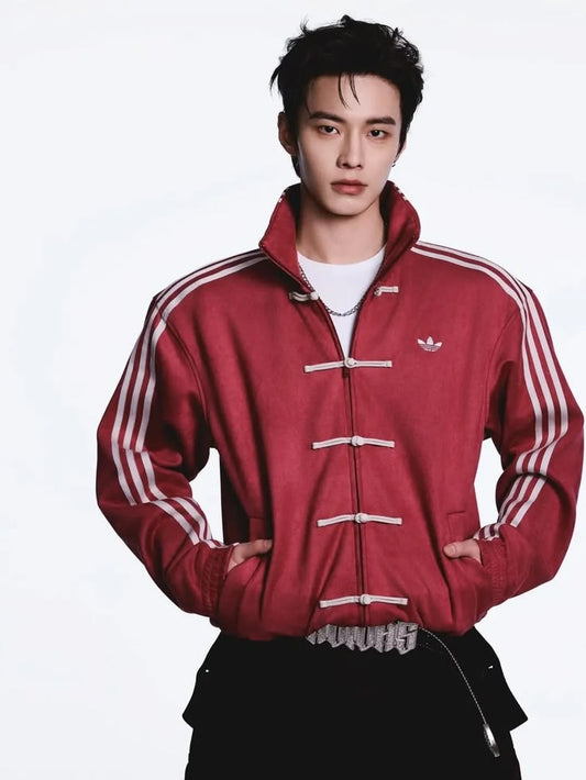 Retro Chinese Knot Track CNY maroon Jacket – Vintage Streetwear Zip-Up in Burgundy Red.