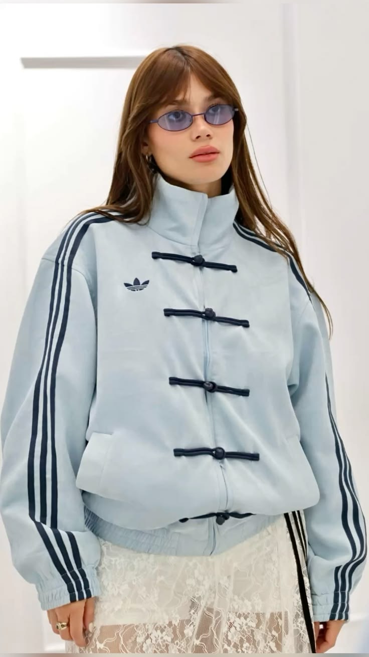 Aqua Blue CNY Mandarin Collar Frog Button Oversized Track Jacket – Elexwear