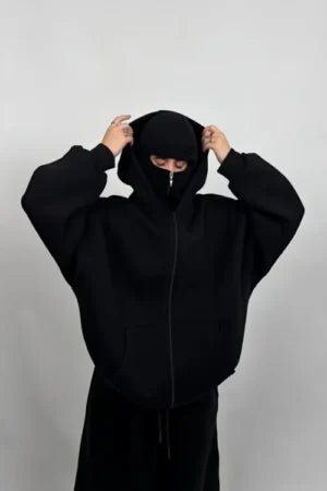 Elexwear Ninja Zip-Up Balaclava Hoodie – Black & White Edition