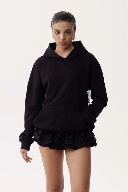 Black Rhinestone Mesh Panel Oversized  Hoodie.