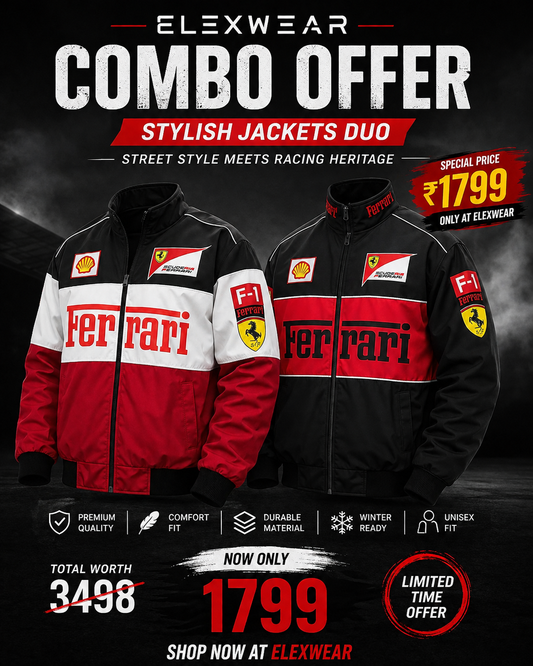 Elexwear Ferrari Racing Jacket Combo | Black & White F1 Inspired Bomber Jackets combo offer