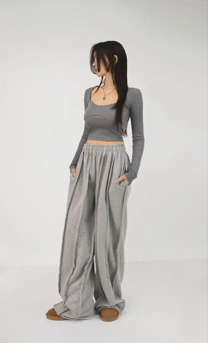 Elexwear Oversized Exposed Seam Wide-Leg Sweatpants – Grey