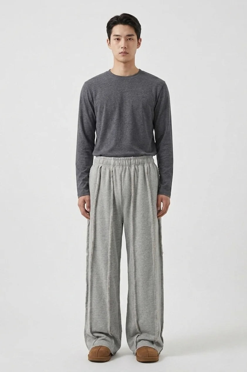 Elexwear Oversized Exposed Seam Wide-Leg Sweatpants – Grey