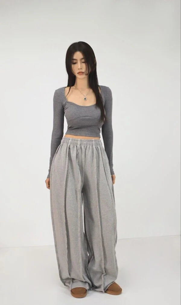 Elexwear Oversized Exposed Seam Wide-Leg Sweatpants – Grey