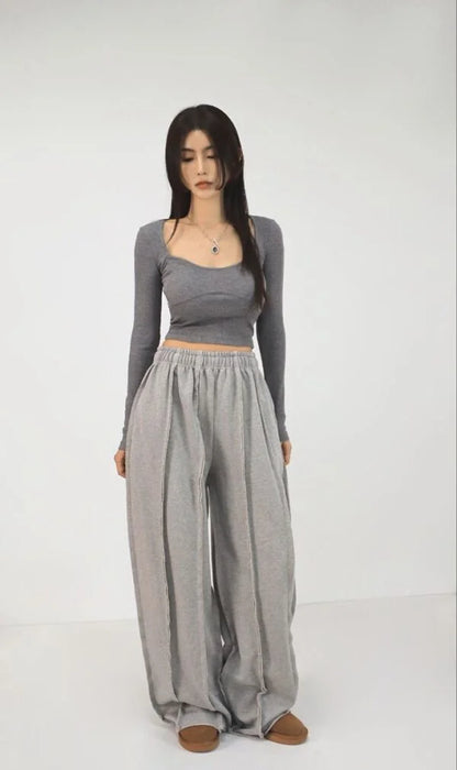 Elexwear Oversized Exposed Seam Wide-Leg Sweatpants – Grey