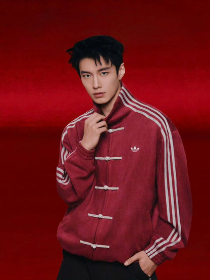 Retro Chinese Knot Track CNY maroon  Jacket – Vintage Streetwear Zip-Up in Burgundy Red.