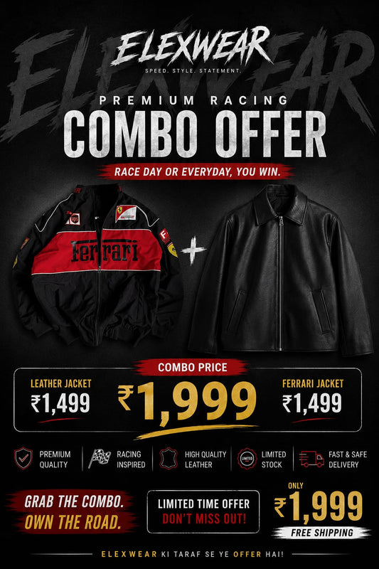 Black Ferrari Racing Jacket + Black Leather Jacket Combo offer