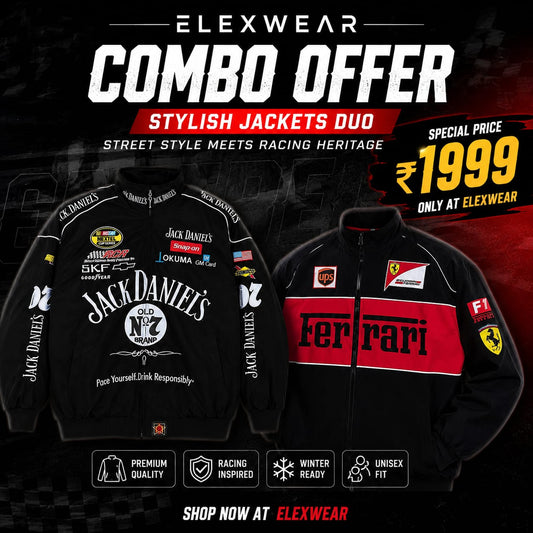 Elexwear Racing Jacket  – Jack Daniel's &black Ferrari Premium Printed Zip-Up Jackets combo offer