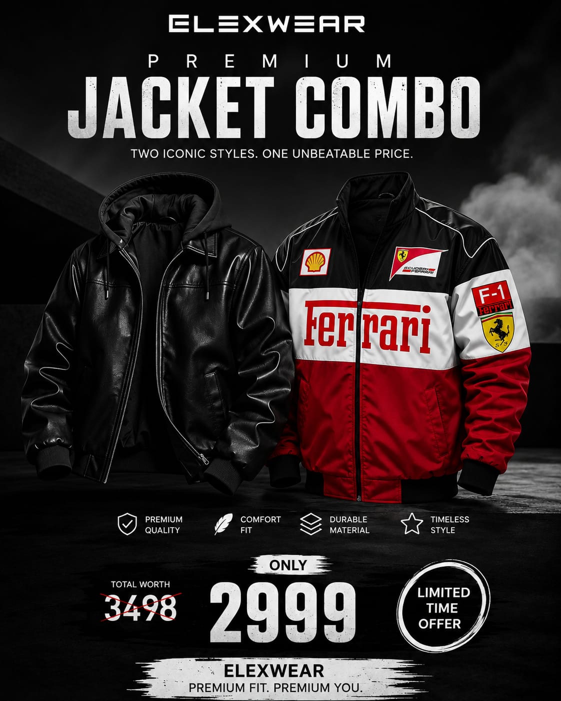 Elexwear Premium Jacket– Black Hooded Leather Jacket & Tri-Colour Ferrari Racing combo offer