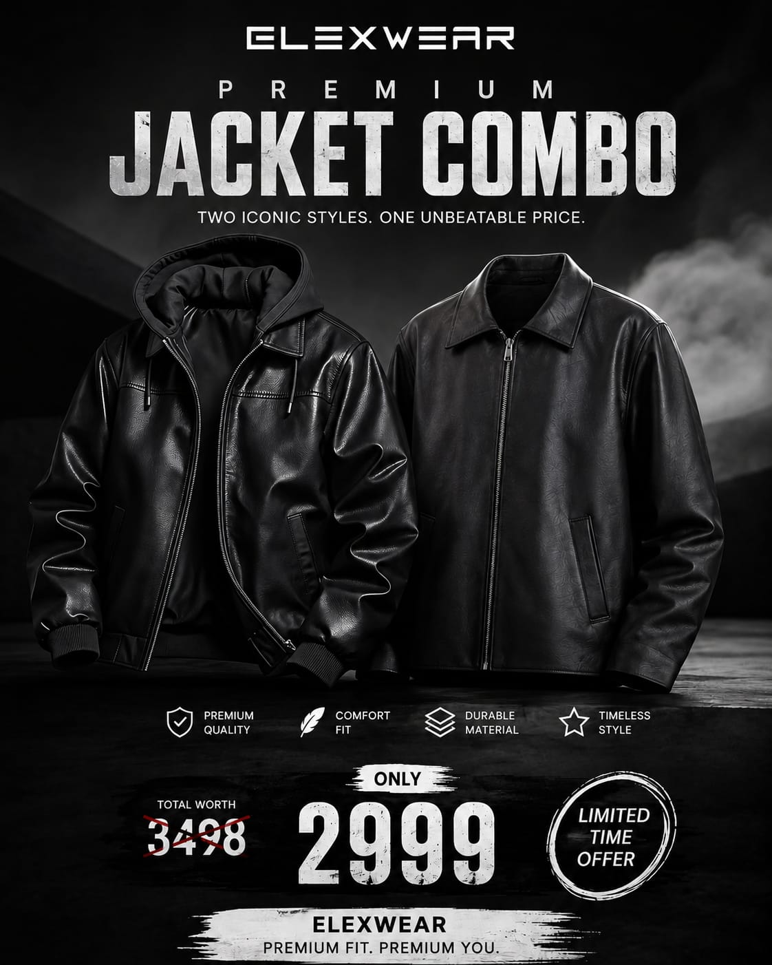 Elexwear Premium Black Leather Jacket (Hooded + Classic Collar)  combo offer