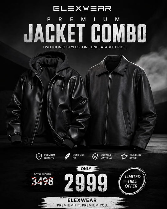 Elexwear Premium Black Leather Jacket (Hooded + Classic Collar)  combo offer