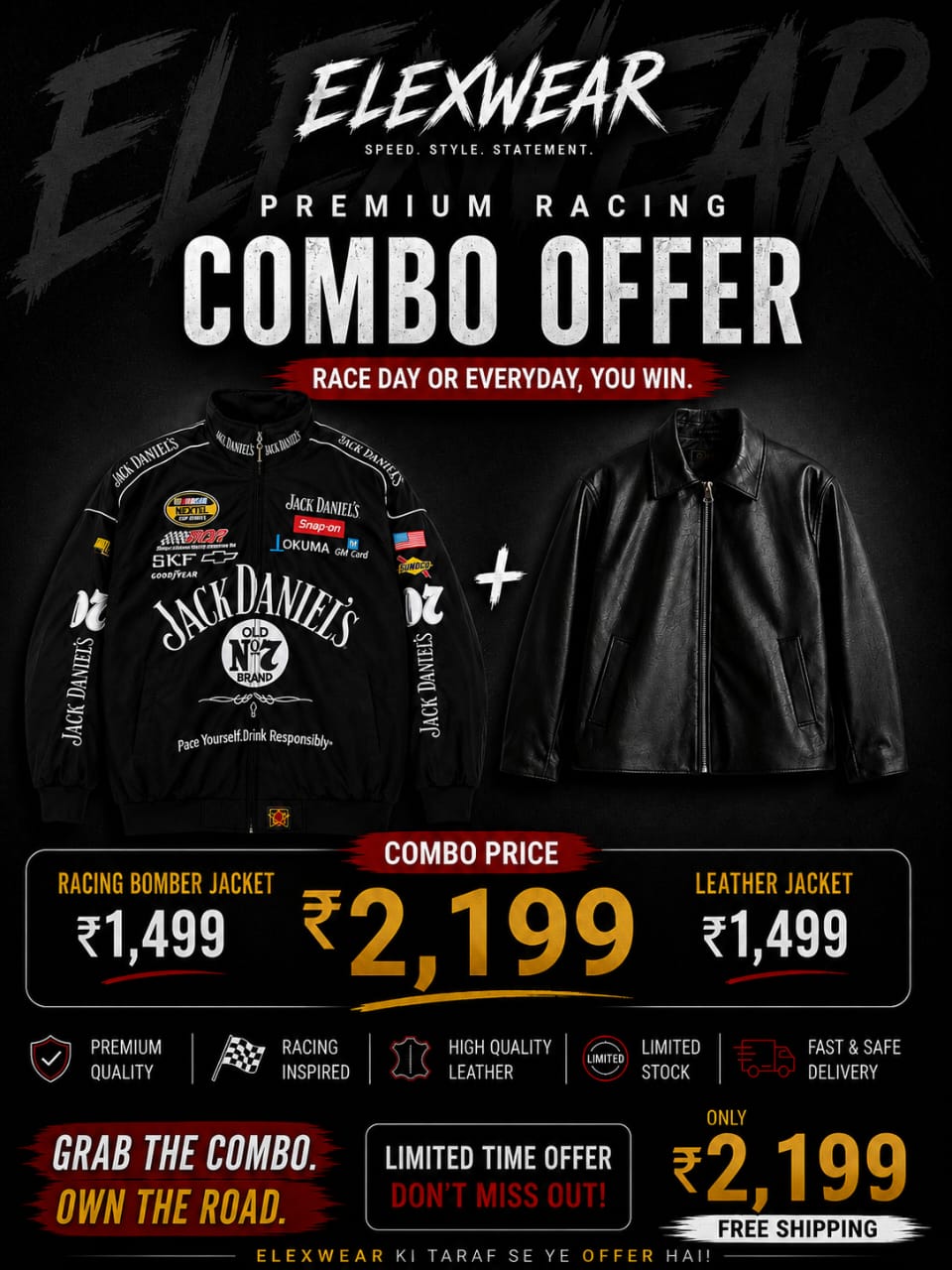 Jack Daniel's Racing Bomber Jacket + Black Leather Jacket Combo offer