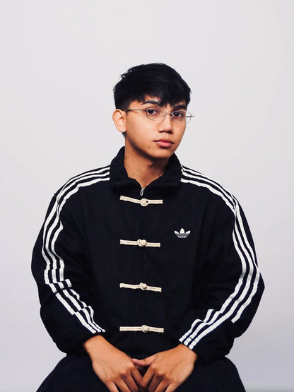Originals Black Mandarin Collar Frog Button Three-Stripes Track CNY Jacket.