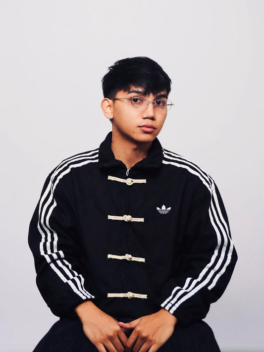 Originals Black Mandarin Collar Frog Button Three-Stripes Track CNY Jacket.