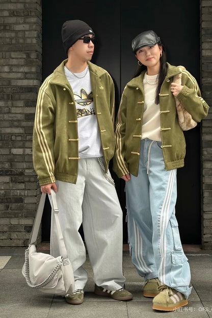 Originals Olive Green Mandarin Collar Frog Button Velvet Three-Stripes Track  CNY Jacket