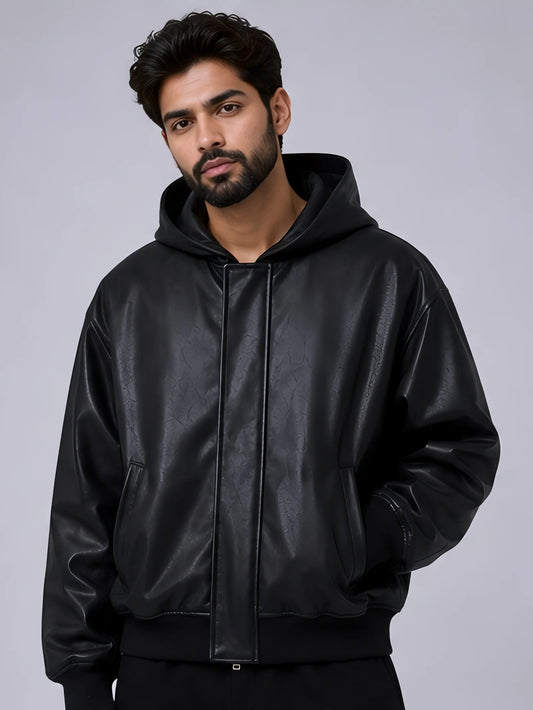 Elexwear Midnight Luxe Faux Leather Hooded Jacket – Black
