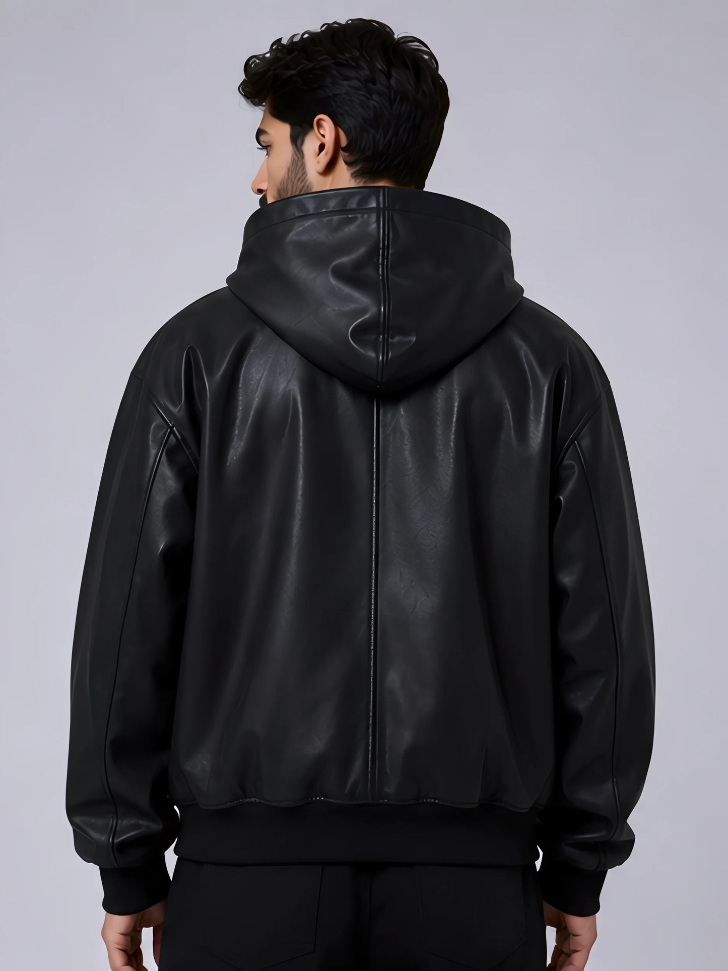 Elexwear Midnight Luxe Faux Leather Hooded Jacket – Black
