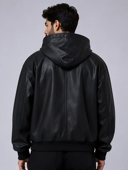 Elexwear Midnight Luxe Faux Leather Hooded Jacket – Black
