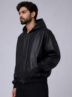 Elexwear Midnight Luxe Faux Leather Hooded Jacket – Black