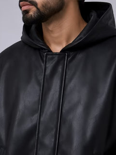 Elexwear Midnight Luxe Faux Leather Hooded Jacket – Black