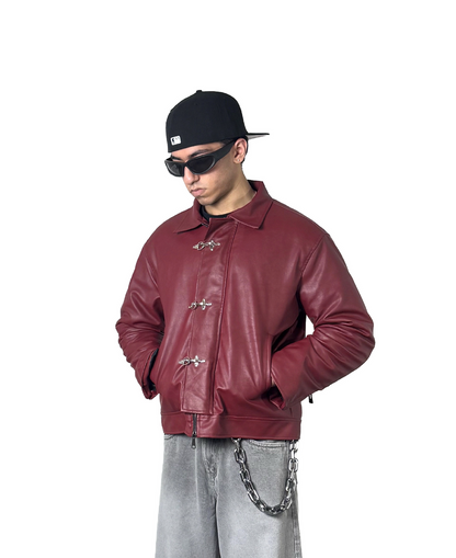 Men's black Streetwear Leather Jacket with Metal Toggle Closure