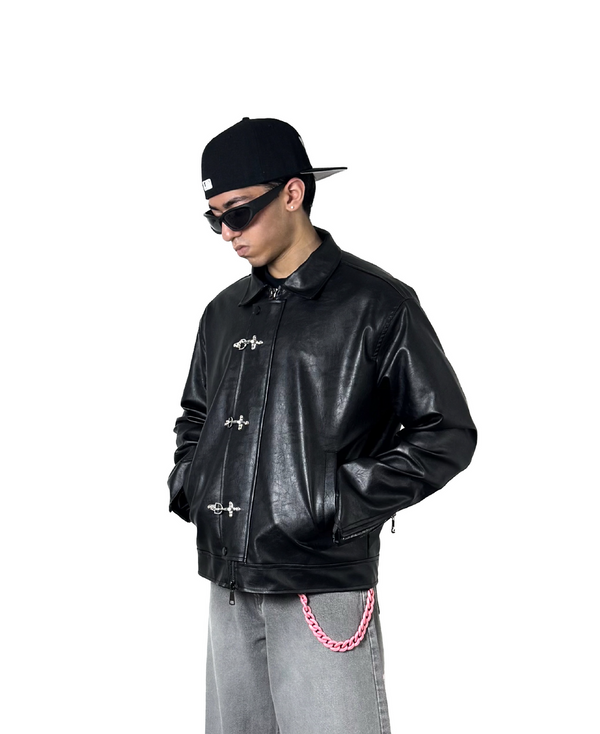 Men's black Streetwear Leather Jacket with Metal Toggle Closure