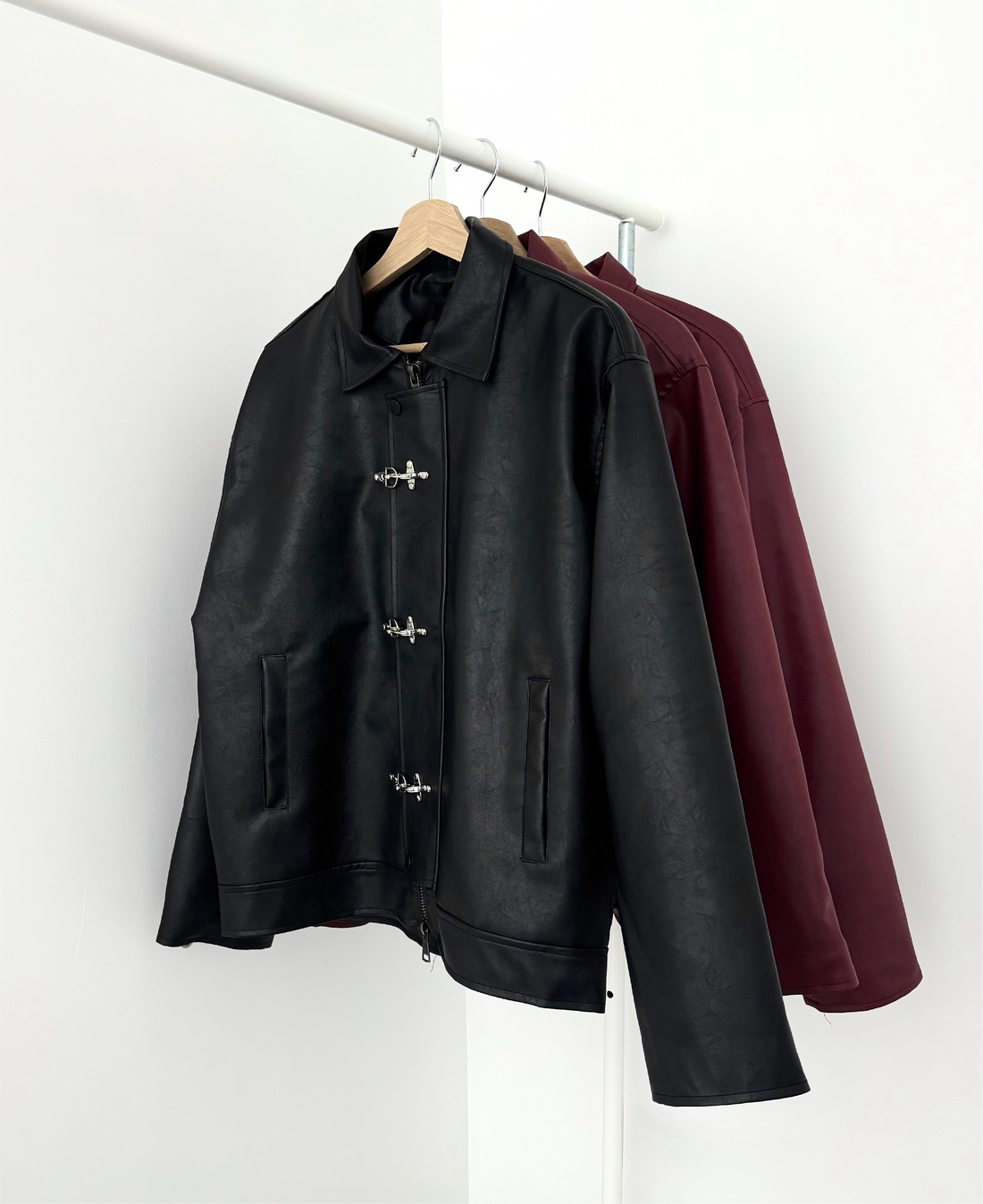 Men's black Streetwear Leather Jacket with Metal Toggle Closure