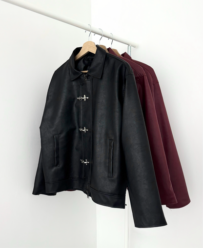 Men's black Streetwear Leather Jacket with Metal Toggle Closure
